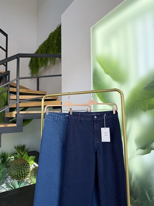 Koyu Mavi Renk Işıltı Wide Leg Jean Pantolon