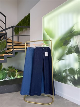 Koyu Mavi Renk Işıltı Wide Leg Jean Pantolon