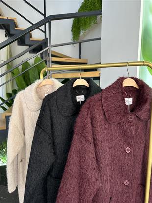 Kum Renk Kadın Tüylü Peluş Uzun Kaban