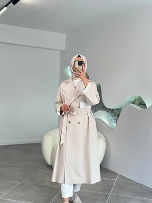 Kumaş Garnili Bej Renk Kruvaze Yaka Kadın Trenchcoat