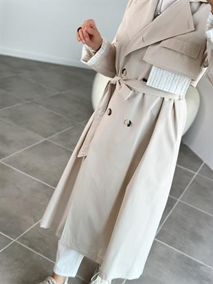 Kumaş Garnili Bej Renk Kruvaze Yaka Kadın Trenchcoat