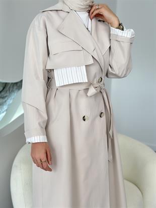 Kumaş Garnili Bej Renk Kruvaze Yaka Kadın Trenchcoat