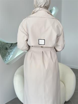 Kumaş Garnili Bej Renk Kruvaze Yaka Kadın Trenchcoat