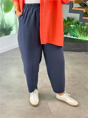 Lacivert Renk Beli Lastikli Havuç Paça Pantolon