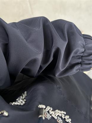 Lacivert Renk Bondit Kumaşlı Taş İşlemeli Yağmurluk