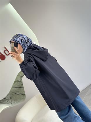 Lacivert Renk Bondit Kumaşlı Taş İşlemeli Yağmurluk