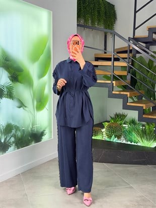 Lacivert Renk Dantel Detaylı Pantolonlu Takım
