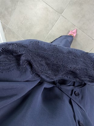 Lacivert Renk Dantel Detaylı Pantolonlu Takım