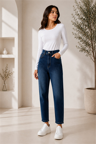Lacivert Renk Dar Paça Beli Lastikli Denim Pantolon