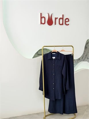 Lacivert Renk Denim Dokulu Basıc Takım