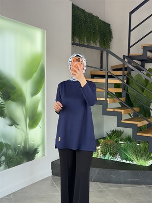Lacivert Renk Etiket Detaylı İki İplik Basic Tunik
