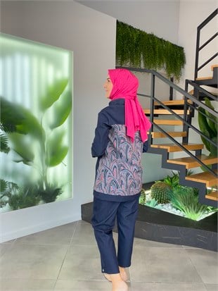 Lacivert Renk Etnik Desen Detaylı Denim Takım 26KT663