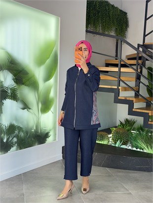 Lacivert Renk Etnik Desen Detaylı Denim Takım 26KT663