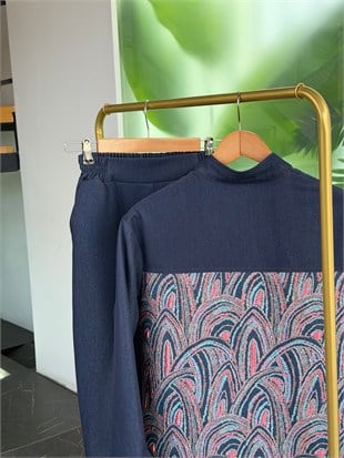 Lacivert Renk Etnik Desen Detaylı Denim Takım 26KT663