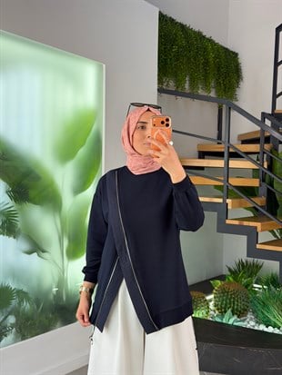 Lacivert Renk Fermuar Detaylı Sweatshırt