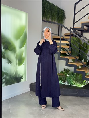 Lacivert Renk Jakar Kumaşlı Yandan Fermuarlı Takım