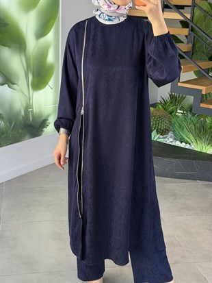 Lacivert Renk Jakar Kumaşlı Yandan Fermuarlı Takım