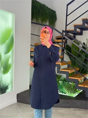 Lacivert Renk Keten Görünümlü Gömlek