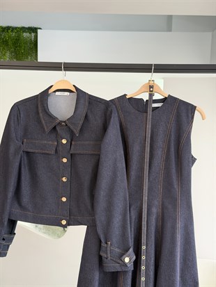 Lacivert Renk Mini Ceketli Kemer Detaylı Elbise