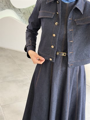 Lacivert Renk Mini Ceketli Kemer Detaylı Elbise