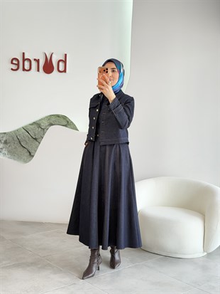 Lacivert Renk Mini Ceketli Kemer Detaylı Elbise