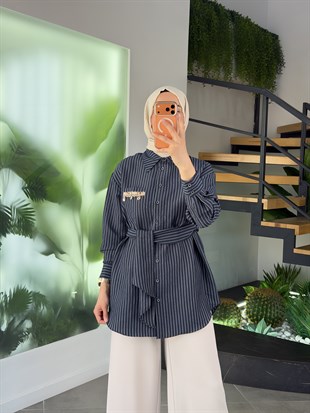 Lacivert Renk Modal Kumaş Çizgili Gömlek