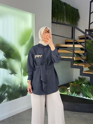 Lacivert Renk Modal Kumaş Çizgili Gömlek
