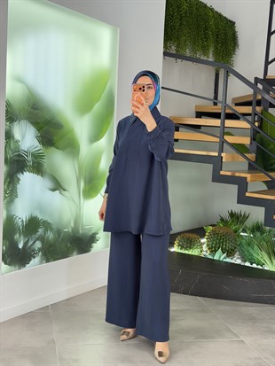 Lacivert Renk Ön Bedeni Serpme Taşlı İkili Takım