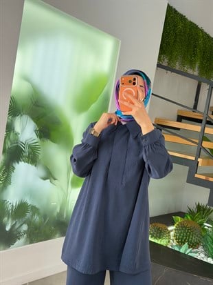 Lacivert Renk Ön Bedeni Serpme Taşlı İkili Takım