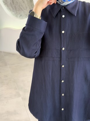 Lacivert Renk Rayon Kumaş Drape Detaylı Takım