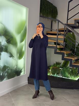 Lacivert Renk Yarım Fermuarlı Basıc KadınTunik