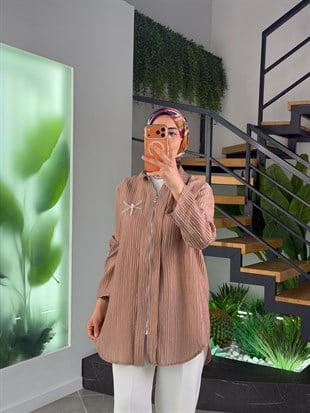 Latte Renk İnci Broşlu Fermuarlı Tunik Ceket