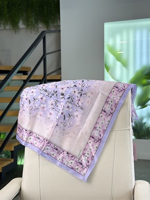 Lila Renk İpek Dokulu Çiçek Desenli Şal