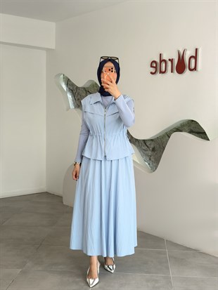 Mavi Renk Aller Detaylı Yelekli ÜçlüTakım