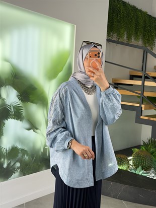 Mavi Renk Boncuk İşlemeli Pamuk Keten Kimono