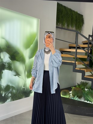 Mavi Renk Boncuk İşlemeli Pamuk Keten Kimono