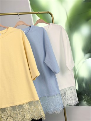 Mavi Renk Dantelli Süprem T-Shirt