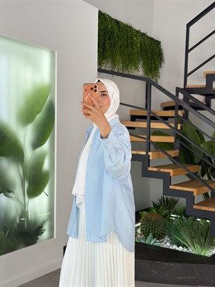 Mavi Renk Keten Görünümlü Oversize Gömlek