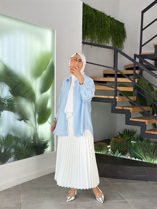 Mavi Renk Keten Görünümlü Oversize Gömlek