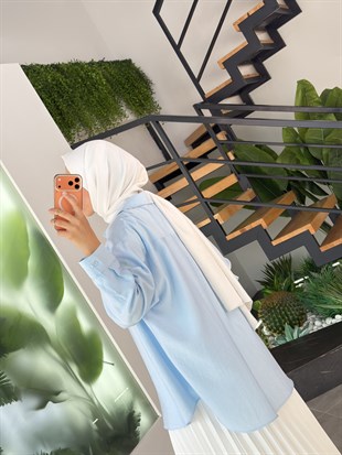 Mavi Renk Keten Görünümlü Oversize Gömlek