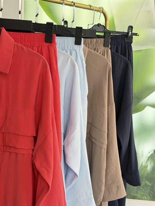 Mercan Renk Nervür Detaylı Pantolonlu Takım