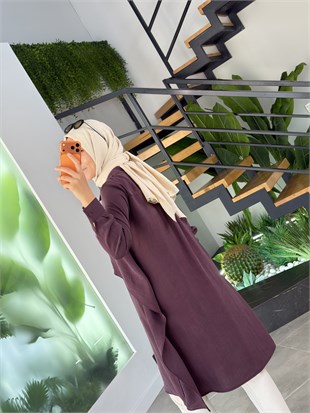 Mürdüm Renk Doğal Kumaş Kemer Detaylı Tunik Giyçık 26YT469