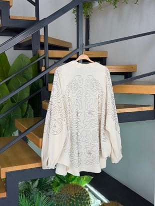 Naturel Renk Boncuk Ve Pulet İşlemeli Kimono