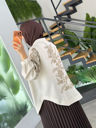 Naturel Renk Nakış işlemeli Keten Kimono