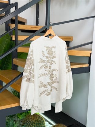 Naturel Renk Nakış işlemeli Keten Kimono