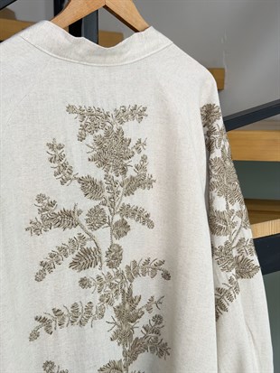 Naturel Renk Nakış işlemeli Keten Kimono