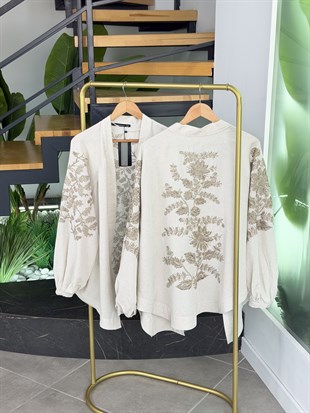 Naturel Renk Nakış işlemeli Keten Kimono