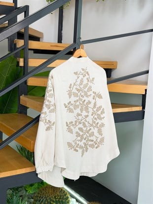Naturel Renk Nakış İşlemeli Kimono