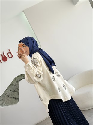 Naturel Renk Taş Boncuk İşlemeli Keten Kimono