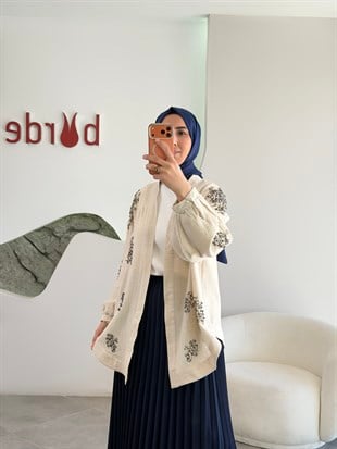 Naturel Renk Taş Boncuk İşlemeli Keten Kimono